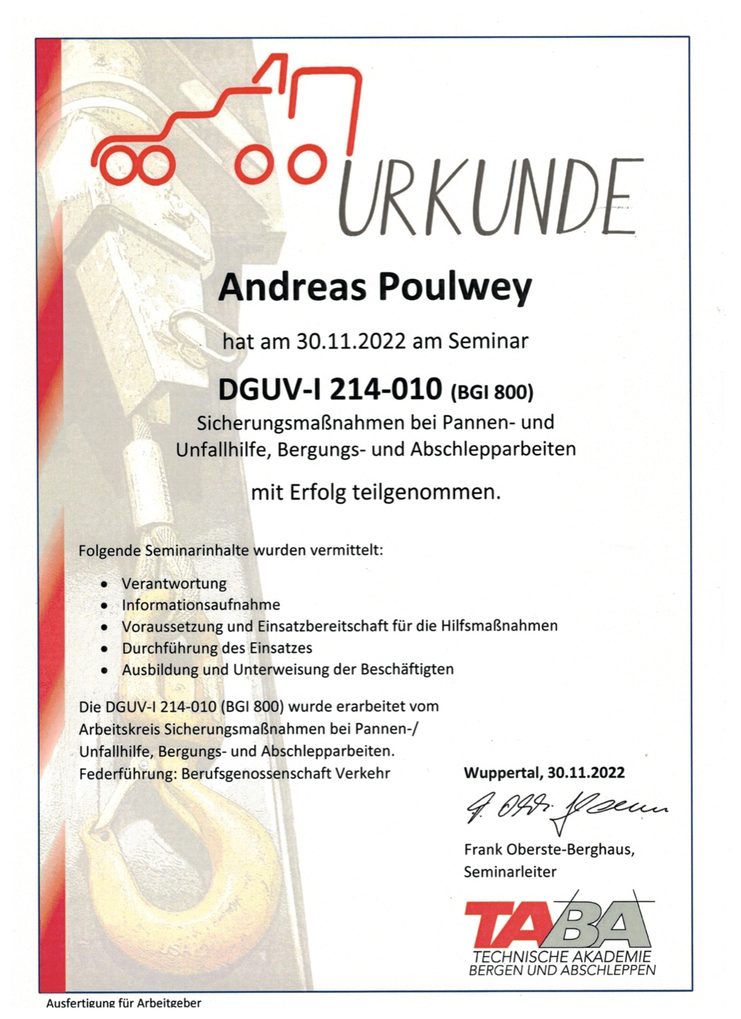 Zertifikat DGUV 1 214-010 (BGI 800) – Andreas Poulwey