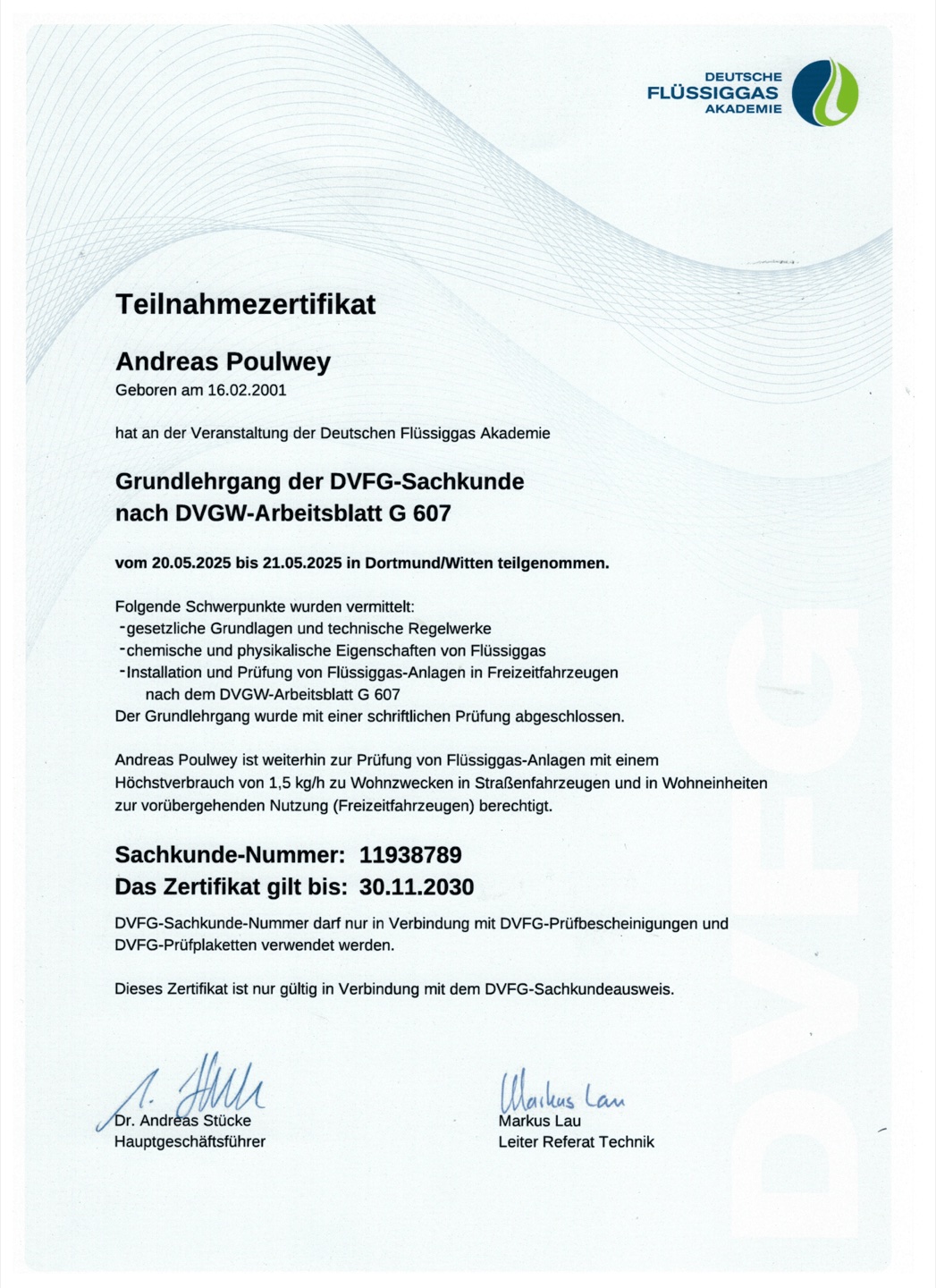Zertifikat DVFG-Sachkunde nach G 607 – Andreas Poulwey