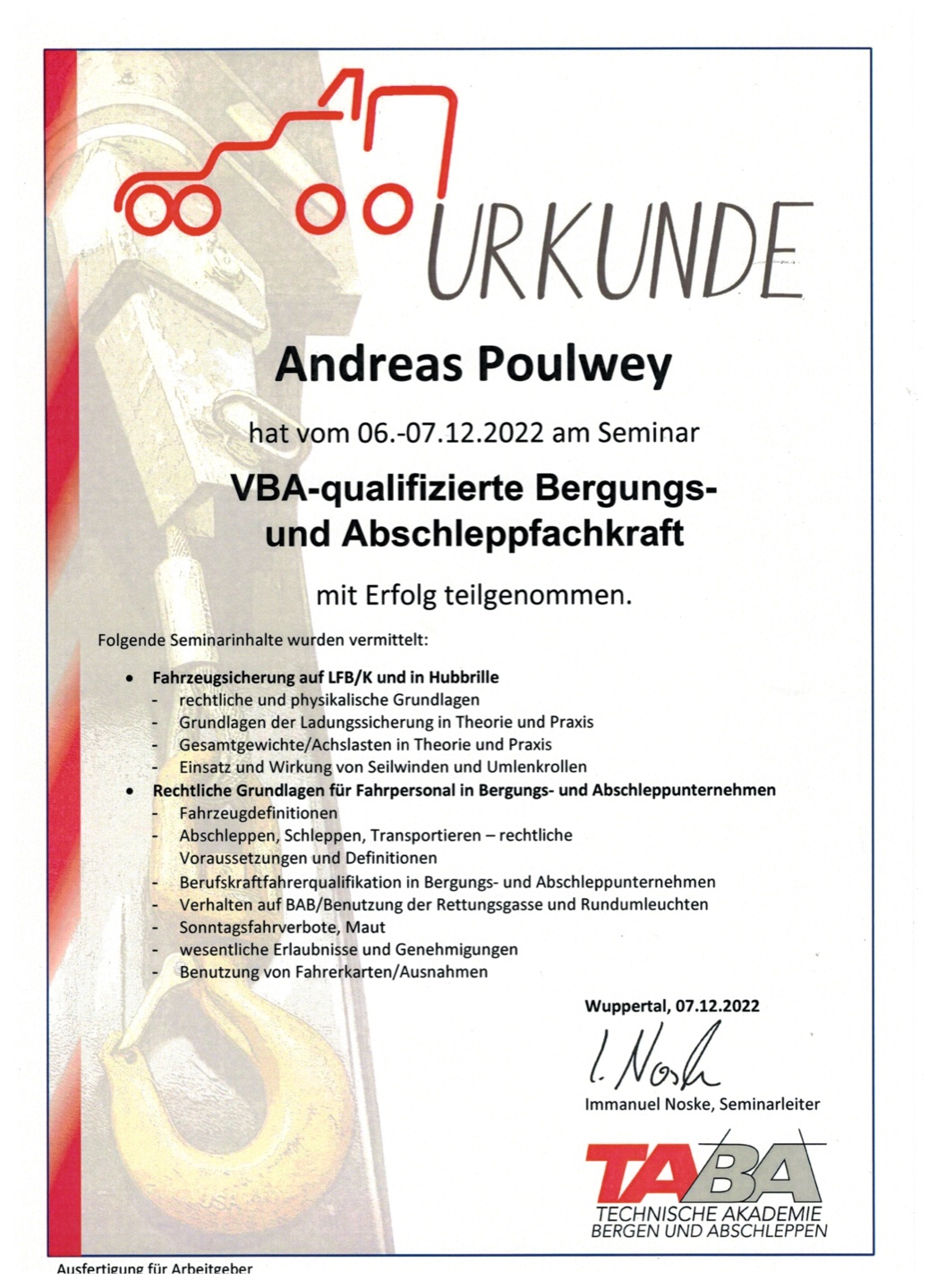 Zertifikat VBA Qualifizierte Bergungs- und Abschleppfachkraft – Andreas Poulwey